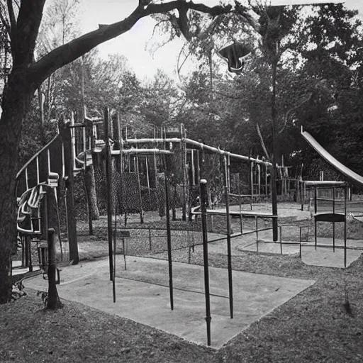 Prompt: a haunted playground from the 1930's complete with a slide and jungle gym, ghost children playing, spooky lighting, horror movie asthetic