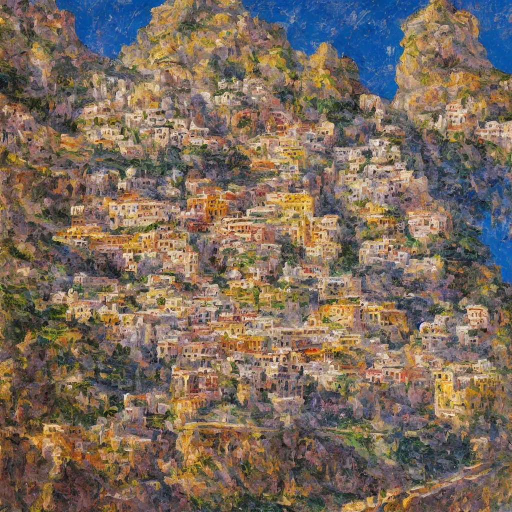 Image similar to 3d high relief painting Amalfi painted in the style of the old masters, painterly, thick heavy impasto, expressive impressionist style, painted with a palette knife