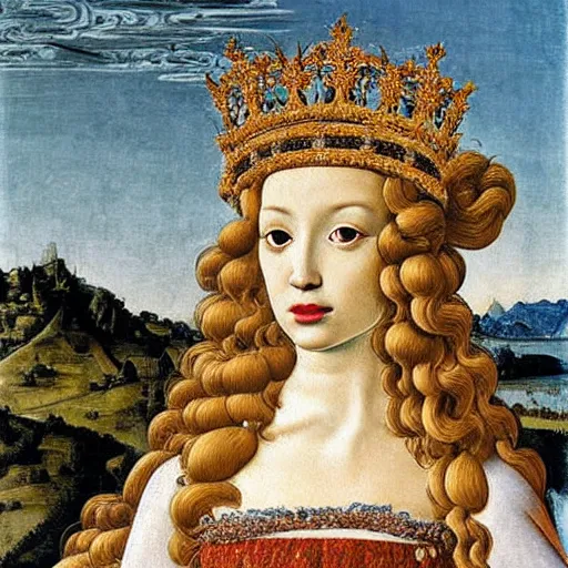 Image similar to portrait of a white poodle with curly white hair as an italian queen, painting by botticelli, 1 4 8 0 s