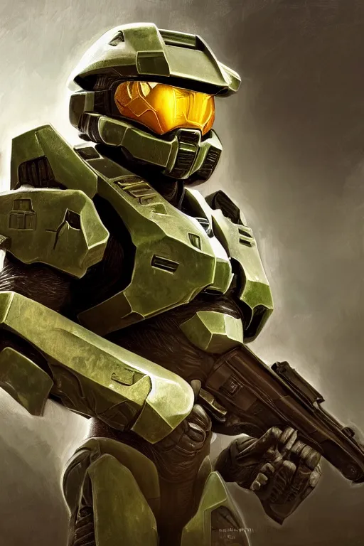 Image similar to master chief from halo picking up easter eggs, egg in hand, oil on canvas, intricate, portrait, 8 k highly professionally detailed, hdr, cgsociety
