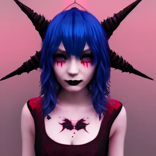 Prompt: Render of a beautiful 3d remilia scarlet, blue hair, red eyes, full round face, soft smile, gothic clothing, spooky setting, medium shot, mid-shot, hyperdetailed, trending on Artstation, Unreal Engine 4k