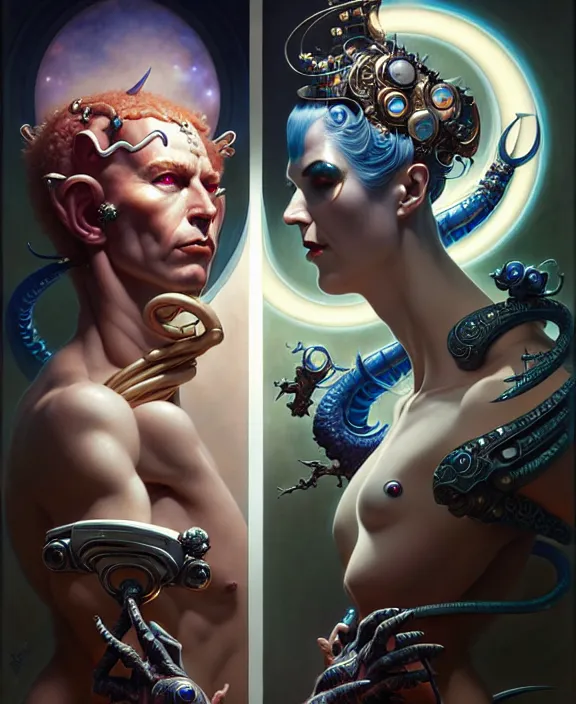 Image similar to beautiful gemini good and evil fantasy character portrait, ultra realistic, wide angle, intricate details, the fifth element artifacts, highly detailed by peter mohrbacher, hajime sorayama, wayne barlowe, boris vallejo, aaron horkey, gaston bussiere, craig mullins