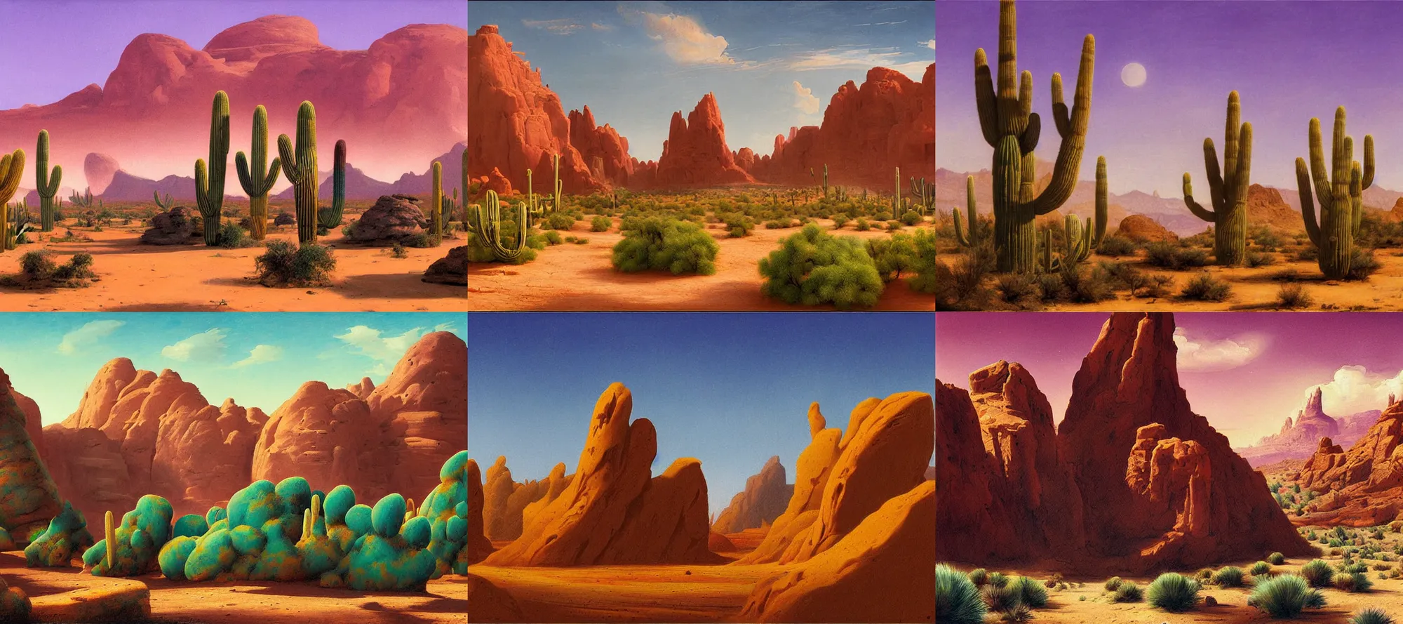 Prompt: Arizona desert landscape in the style of Dr. Seuss, starships, painting by Raphael Lacoste