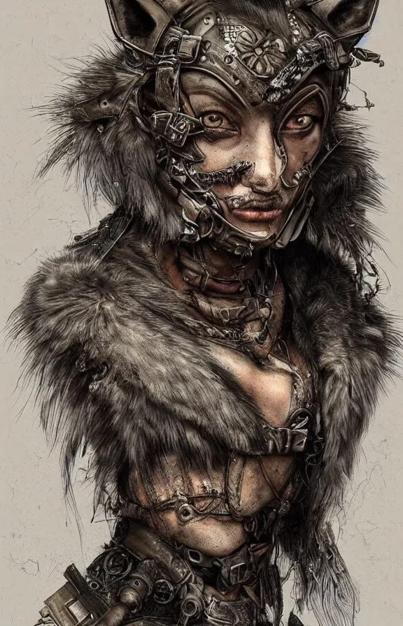 Image similar to realistic detailed portrait of fox warrior, post apocalyptic, gritty, art nouveau, victorian, neo - gothic, gothic, character concept design