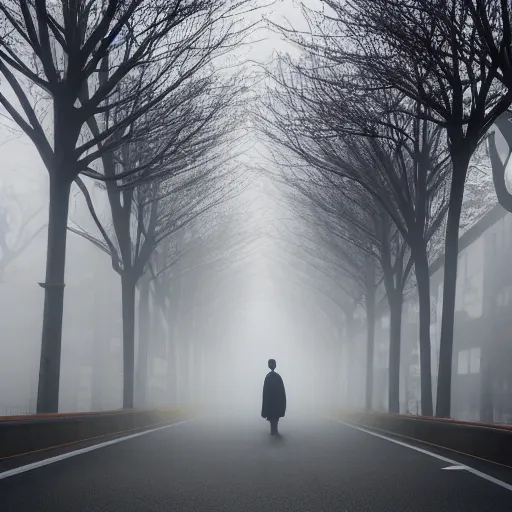 Prompt: ominous foggy japanese city street with a lone figure in the distance by junji ito, scary, 8k