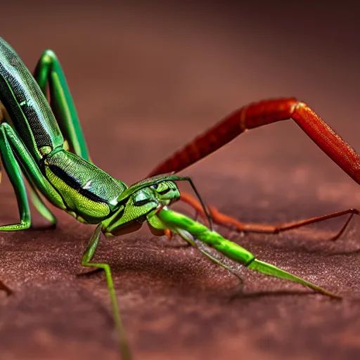 Image similar to centipede and praying mantis morphed together, half praying mantis and half centipede, realistic picture taken at zoo