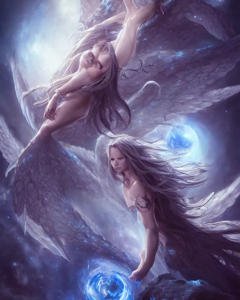 Image similar to beautiful cinematic fantasy poster, one beautiful fantasy angel floating, beautiful glowing galaxy eyes, hybrid from The Elden Ring and art direction by Darius Zawadzki ;by artgerm; wayne reynolds art station; cinematic quality character render; low angle; ultra high quality model; production quality cinema model;