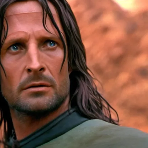 Image similar to A still of Aragorn as Scotty on Star Trek: The Original Series, red shirt, sharp focus, high quality, very realistic, 4k
