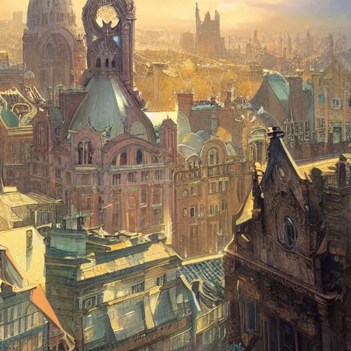 Prompt: Dublin skyline, fantasy, intricate, elegant, highly detailed, digital painting, artstation, concept art, smooth, sharp focus, illustration, art by artgerm and greg rutkowski and alphonse mucha