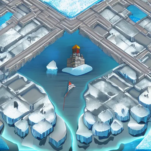 Prompt: a tower defense level, ice, north pole, waterways, top down perspective, art