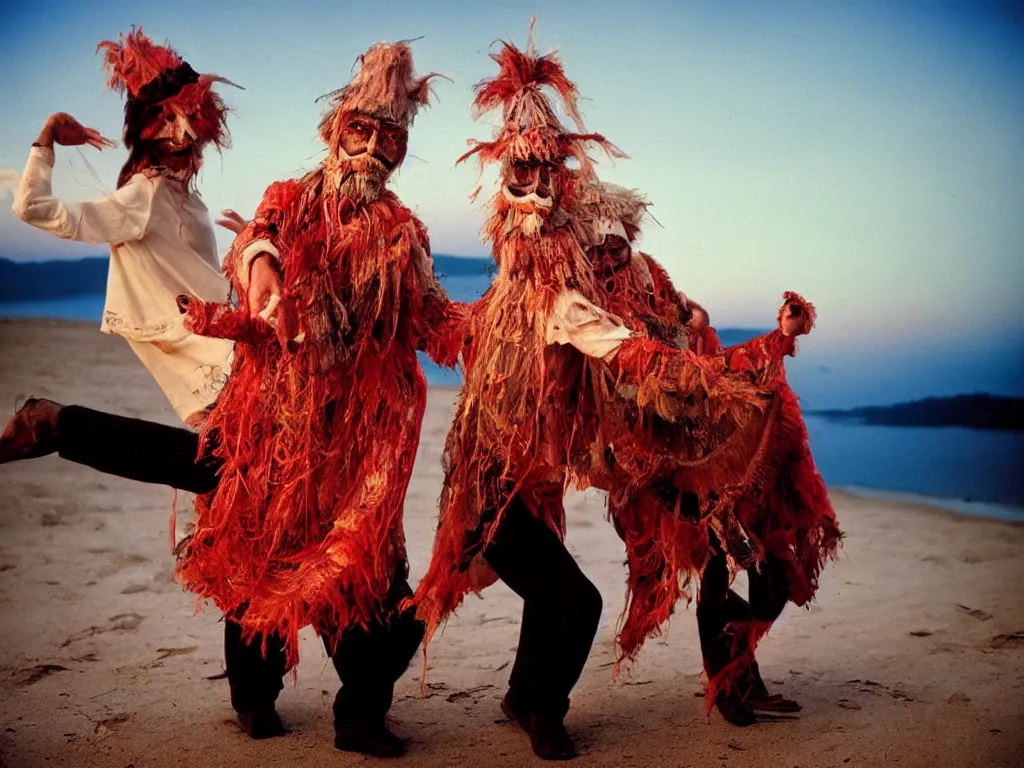 Image similar to a couple of grandparents of 1 0 0 years old wearing cursed costumes and dancing on a beach, extreme long shot, kodachrome, backlight, add a glow around subj. edge, in twin peaks, studio light, 1 9 9 0 s