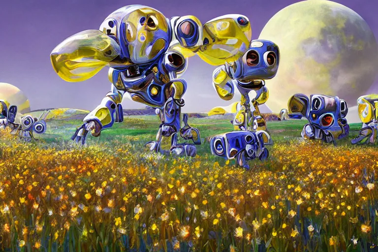 Image similar to beautiful painting ( ( robot dogs ) ) playing in a stunning field of flowers, blue sky, huge multiple moons by phil foglio and vincent dutrait, trending on artstation, hdr