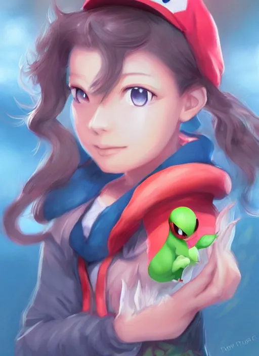 Prompt: beautiful portrait of a pokémon trainer who looks like Yoshi , character design by Ross Tran, detailed, soft lighting