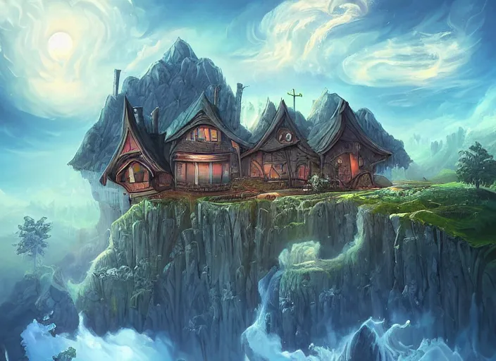 Image similar to epic fantasy landscape, owl house, beautiful sky by Cyril Aquasixio Rolando, Cyril Rolando,