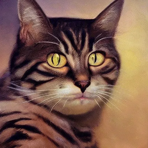 Image similar to ultra realistic portrait painting of cat, art by frank frazetta, 4 k, ultra realistic, highly detailed, epic lighting