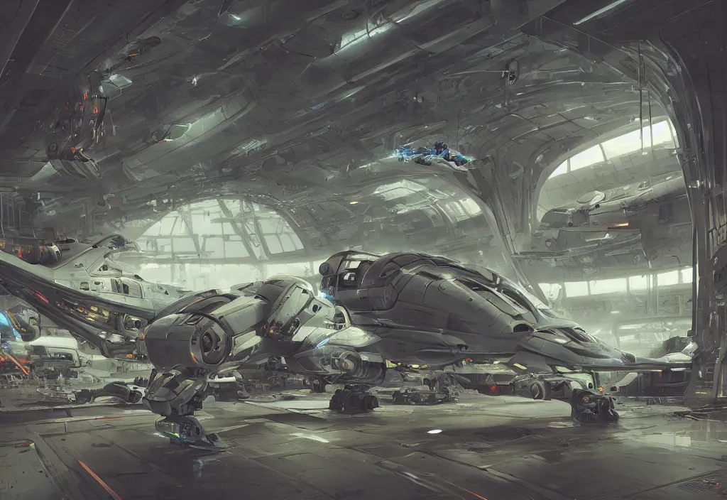 Image similar to futuristic space captain in a hangar, cyborg, Detailed, 8k, sci-fi, panel, concept, simon stalenhag ,syd mead, insane detail, ash thorp, kyza, cyberpunk, collection