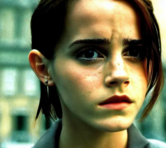 Prompt: color still shot of emma watson in film leon : the professional 1 9 9 4, face closeup,