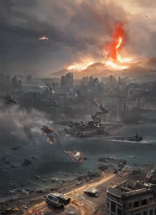 Image similar to hyper realistic squid robot attacking cape town city, table mountain explosions, atmospheric beautiful details, strong composition painted by kim jung giu weta studio rutkowski, james gurney and greg rutkowski, and lucasfilm