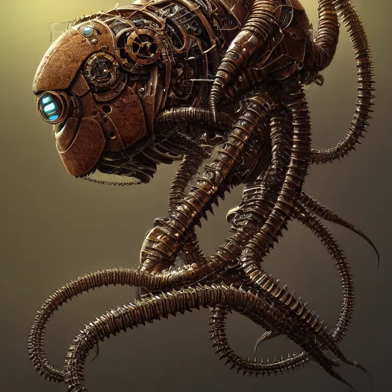 Image similar to steampunk cybernetic biomechanical scolopendra, 3 d model, unreal engine realistic render, 8 k, micro detail, intricate, elegant, highly detailed, centered, digital painting, artstation, smooth, sharp focus, illustration, artgerm, tomasz alen kopera, wlop