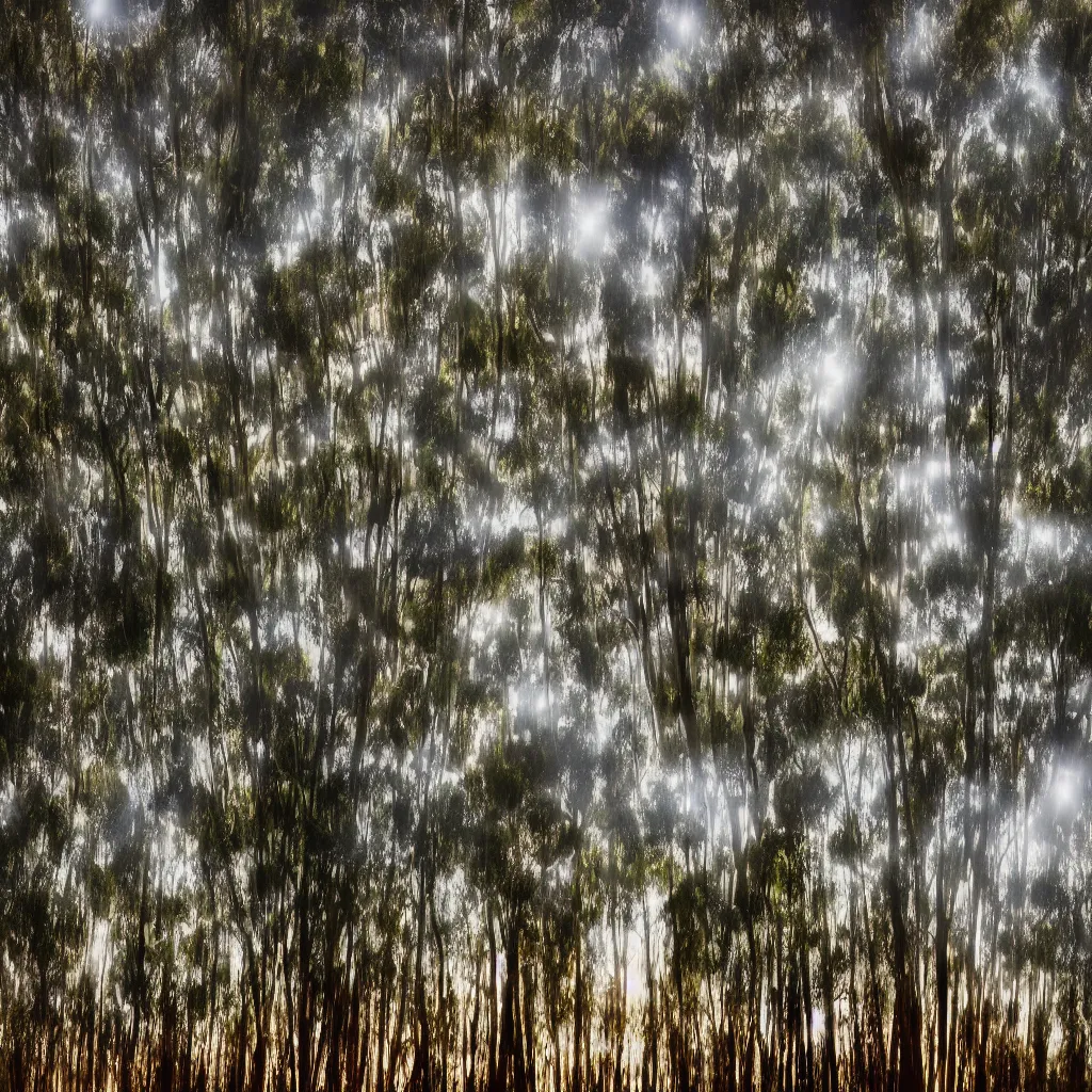 Image similar to double exposure photograph of eucalyptus trees, strong wind, back light, sony ar 7 ii, photographed by julie blackmon