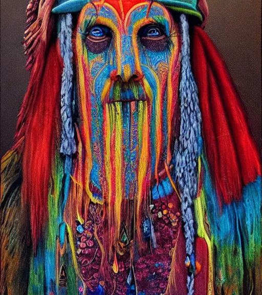 Image similar to Portrait painting in a style of Beksinski mixed with Alex Grey of an old shaman dressed in a colorful traditional clothes.