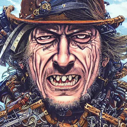 Image similar to portrait closeup of crazy hector barbossa, galleons, symmetrical, hyper detailed, by yoichi hatakenaka, masamune shirow, josan gonzales and dan mumford, ayami kojima, takato yamamoto, barclay shaw, karol bak, yukito kishiro