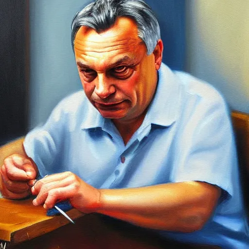 Image similar to viktor orban whittling, oil painting