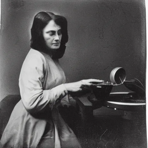 Image similar to Woman listening to a vinyl record that steals her soul, daguerrotype