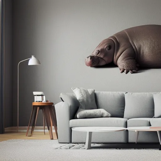 Image similar to a baby hippo lives in a cozy house. it likes to watch tv in the family room. digital art. 3 d render, photorealistic, hyper realistic, ue 5, octane.