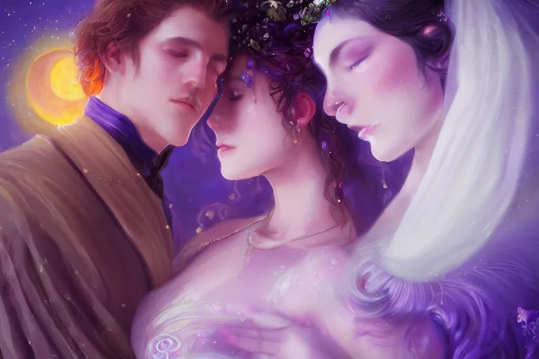 Image similar to a dreamlike cinematic portrait of wedding photograph close up moment of a divine a russia sun god and moon goddess lovers magician at a wedding banquet. portraiture. digital painting. artstation. concept art. fantasy wedding photo. digital painting, 8 k realistic, hyper detailed, violet evergarden art masterpiece by art by krenz cushart