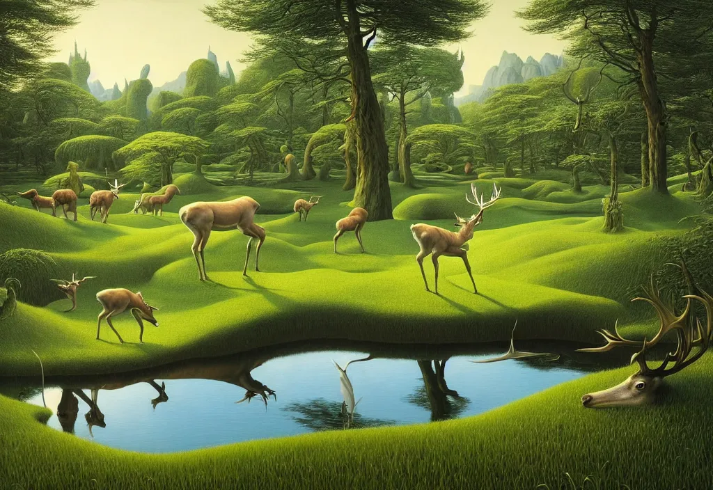 Image similar to hyper detailed 3d render like a Oil painting - white stag drinking from reflecting pool in a peaceful lush meadow, by Jacek Yerka, Mariusz Lewandowski, Houdini algorithmic generative render, Abstract brush strokes, Masterpiece, Edward Hopper and James Gilleard, Zdzislaw Beksinski, Mark Ryden, Wolfgang Lettl, hints of Yayoi Kasuma, octane render, 8k