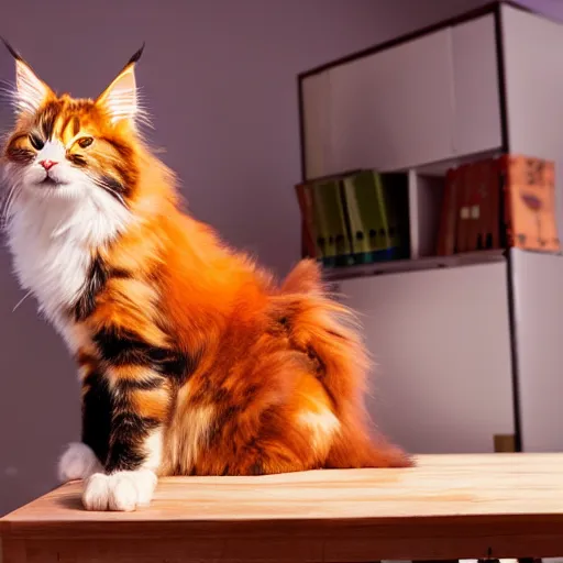 Prompt: very cute huge calico main coon in office, portrait, pixar style, cinematic lighting, award winning creature portrait photography