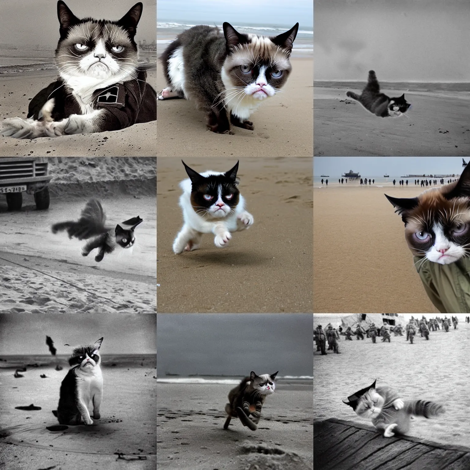 Prompt: grumpy cat landing on the normandy beach, d-day