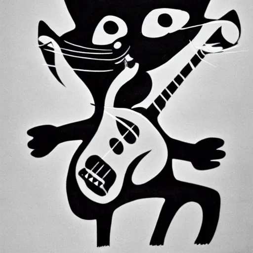 Prompt: cat playing guitar, rubber hose, felix the cat, pie eyes, 1 9 3 0 s, bw