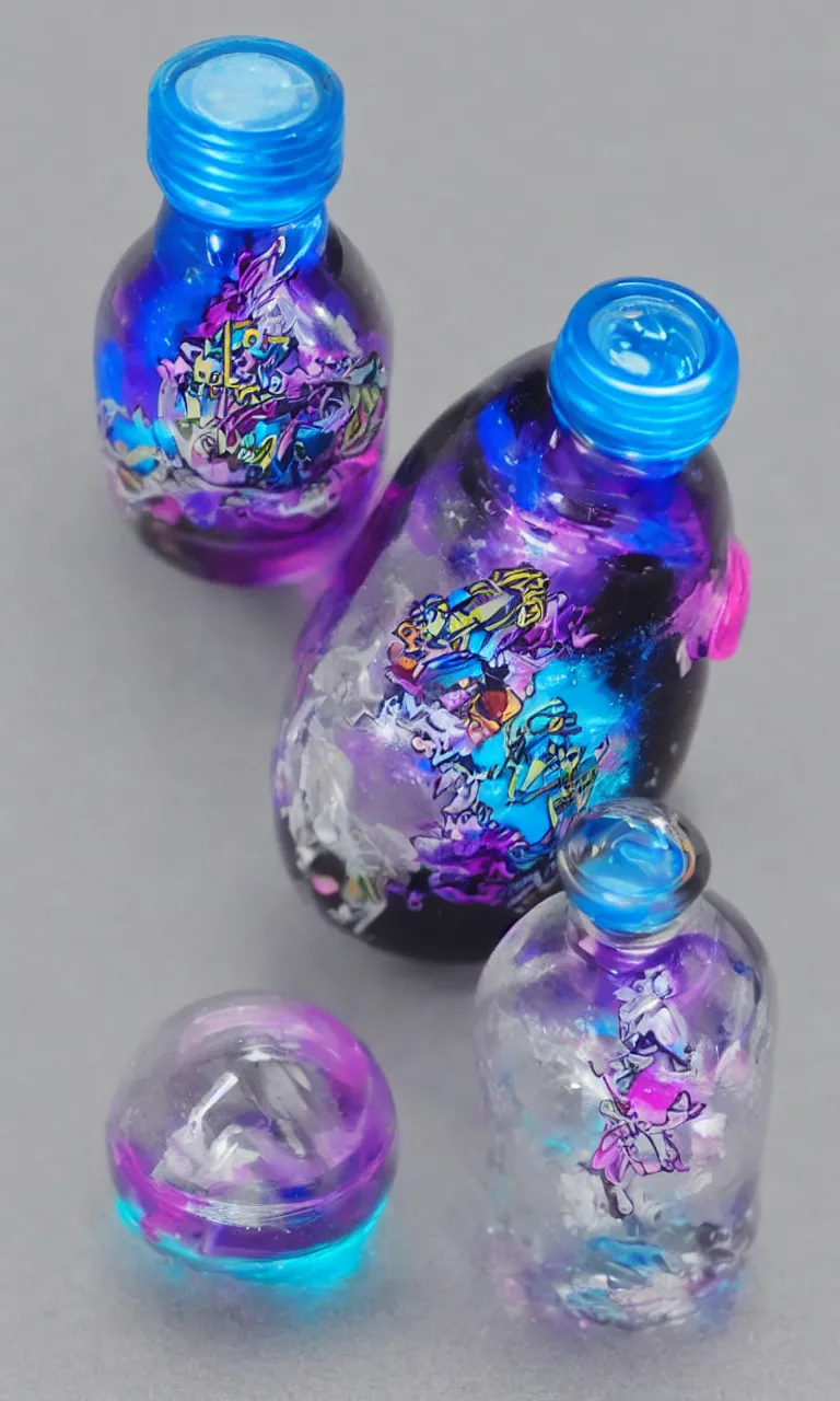 Image similar to a tiny plastic bottle filled with a magic glowing blue magenta and magic dust. anime style, takumi fujiwara