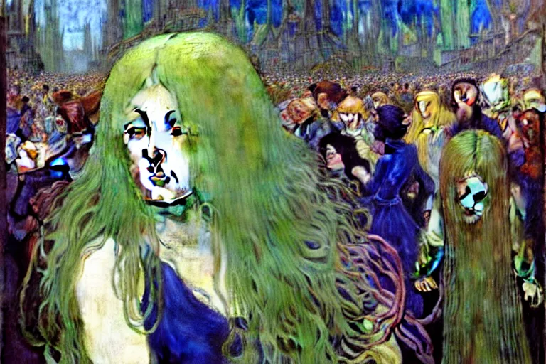 Prompt: realistic extremely detailed portrait painting of a dressed ghost girl with green hair in a crowded sci-fi city street, very detailed crowd by Jean Delville, Amano, Yves Tanguy, Alphonse Mucha, Ernst Haeckel, Edward Robert Hughes, Roger Dean, rich moody colours, blue eyes