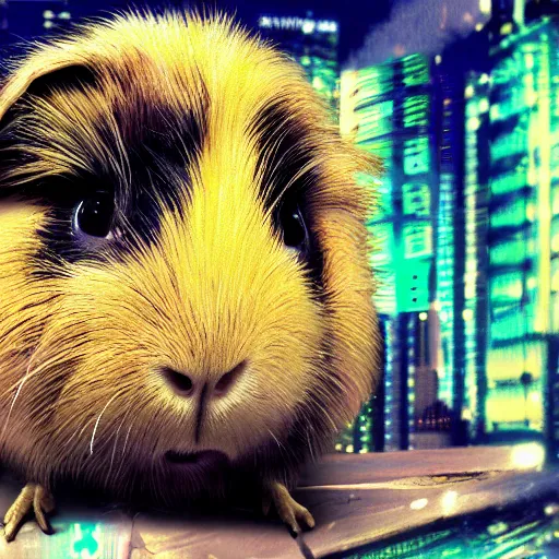 Prompt: a cyberpunk image of a guinea pig, digital realistic painting