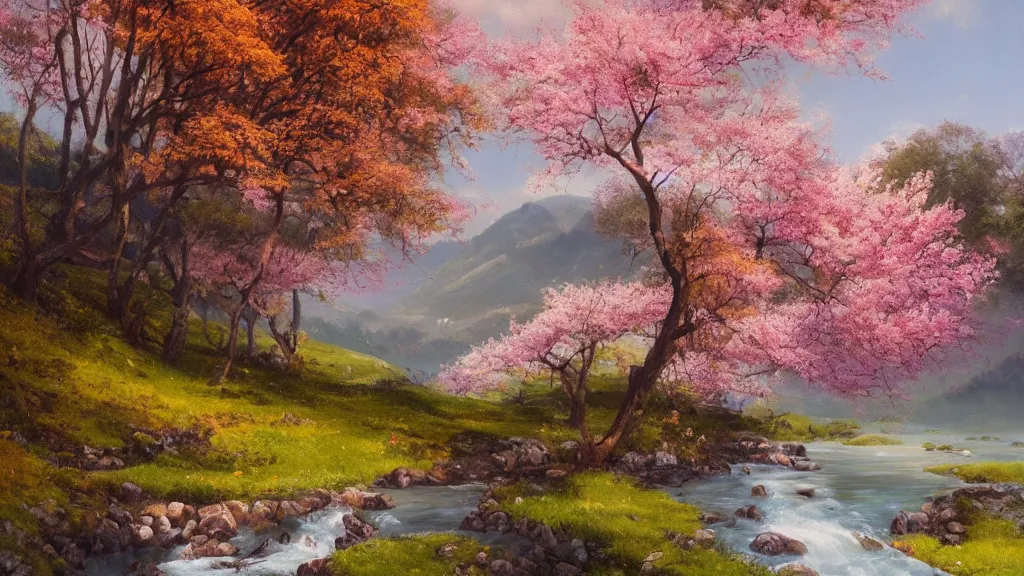 Image similar to A beautiful landscape oil painting of a hill with trees, the spring has arrived and the trees are blooming and covered with colorful flowers, the flowers are yellow, pink, purple and red, the river is zigzagging and flowing in its way, the river has lots of dark grey rocks, by Greg Rutkowski