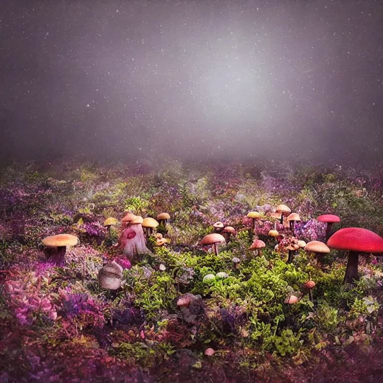 Image similar to a planet of various fungus, mushrooms, flowers and plants, inside the picture is infinity, Atmospheric, artistic photography, conceptual, long exposure outside the city, volumetric light