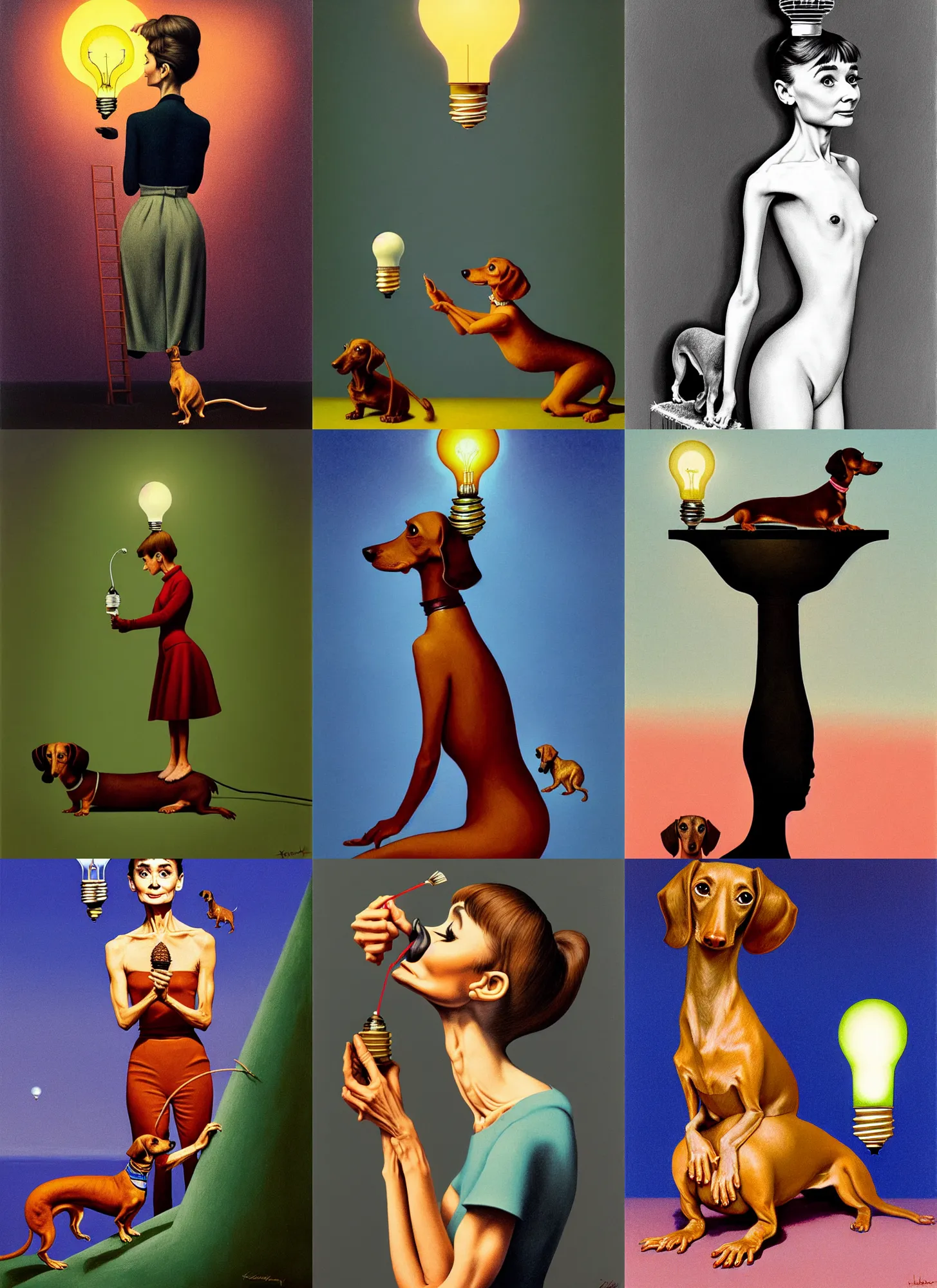 Prompt: Detailed full body portrait of Audrey Hepburn standing on the back of a pair of dachshund\'s as she stretches to change a lightbulb above her, Edward Hopper and James Gilleard, Zdzislaw Beksinski, Mark Ryden, Wolfgang Lettl highly detailed, hints of Yayoi Kasuma