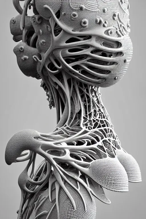 Prompt: bw 3 d render, hyper detailed, stunning beautiful biomechanical albino maniac cyborg with a porcelain profile face, beautiful natural soft rim light, big leaves and stems, roots, fine foliage lace, alexander mcqueen, studio ghibli, herge, art nouveau fashion embroidered, steampunk, silver filigree details, hexagonal mesh wire, mandelbrot fractal, 8 k