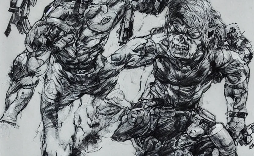 Prompt: yoji shinkawa drawing of gollum as solid snake, metal gear solid