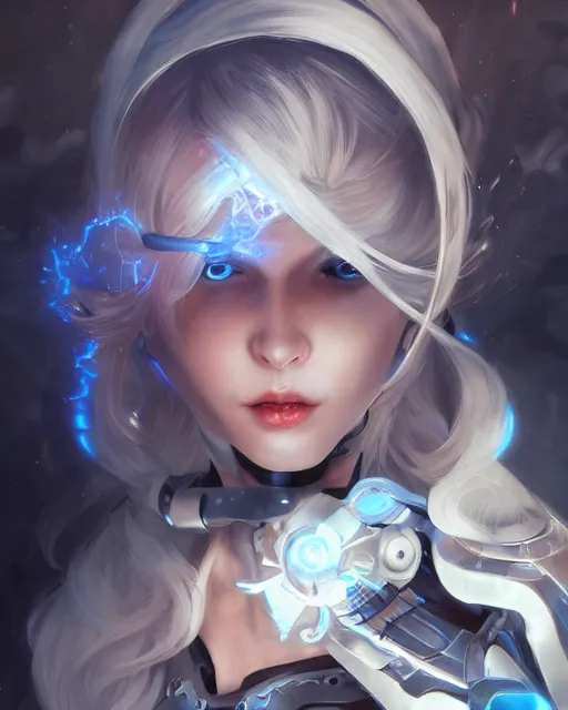 Image similar to holy cyborg necromancer girl, elegant, scifi, futuristic, utopia, garden, illustration, atmosphere, top lighting, blue eyes, white hair, focused, artstation, highly detailed, art by yuhong ding and chengwei pan and serafleur and ina wong