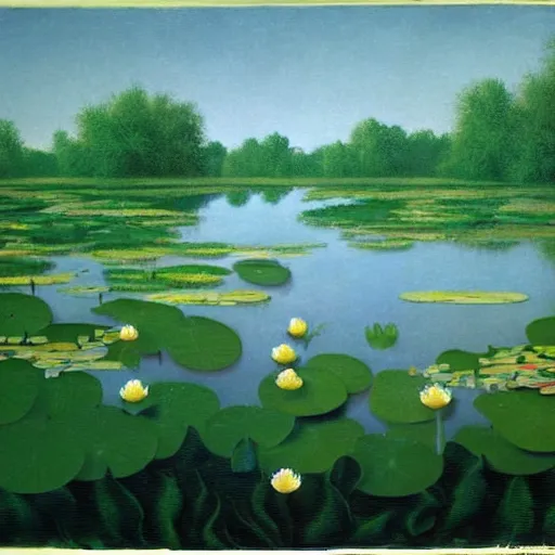 Image similar to a pond with water lillies in the forest, in the style of Rene Magritte,