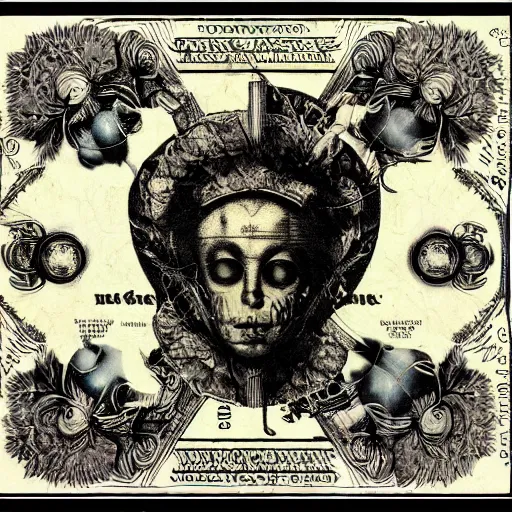 Image similar to post - punk new age album cover, asymmetrical design, frame of a dollar bank notes, capitalism, magic, apocalypse, psychedelic, black white pink, magic, giger h. r., giuseppe arcimboldo