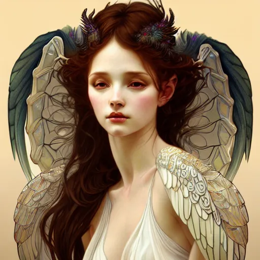 Image similar to Winged girl angel, fantasy, intricate, elegant, highly detailed, digital painting, artstation, concept art, smooth, sharp focus, illustration, art by John Collier and Wenqing Yan and Alphonse Mucha