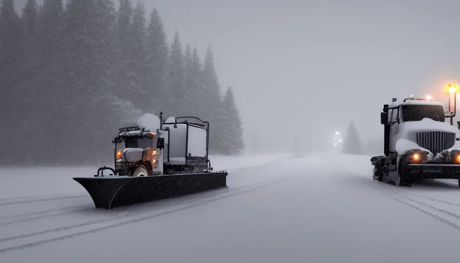 Prompt: A cozy Snowplow! clearing a beautiful snowy landscape. A blizzard and heavy snow falls. Fog and mist, highly detailed, concept art, digital art, 4k, high snow