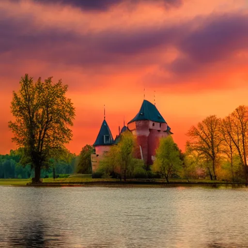 Image similar to cinematic shot of trakai castle during sunset, oil painting, artstation