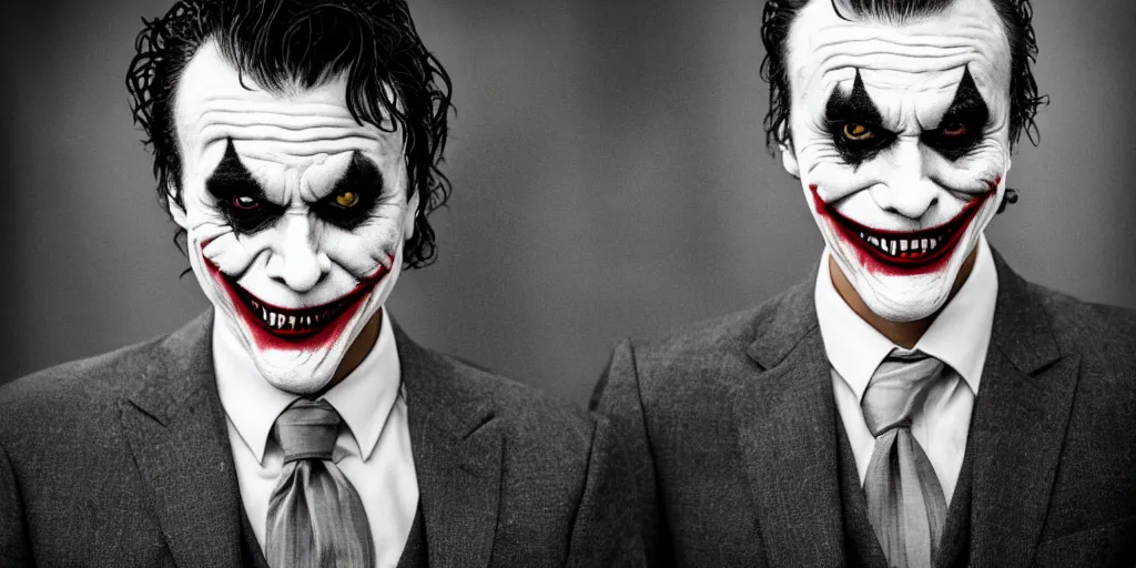 Image similar to joker wearing a suit style, photograph, grinning, creepy,