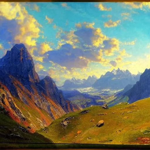 Image similar to wonderful alpine mountain valley, swiss, soft dynamic clouds astral appearance, cinematic light, sublime, colorful, light shafts, dramatic light, by august malmstrom, russian painters, mucha, disney, global illumination, rule of thirds, perfect central composition